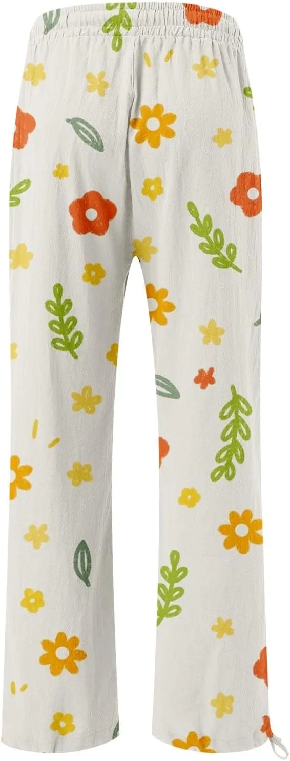Women's Boho Wide Leg Palazzo Pants Womens Cotton Casual Loose Pants Comfy Work Pants with Long Casual Wide Leg