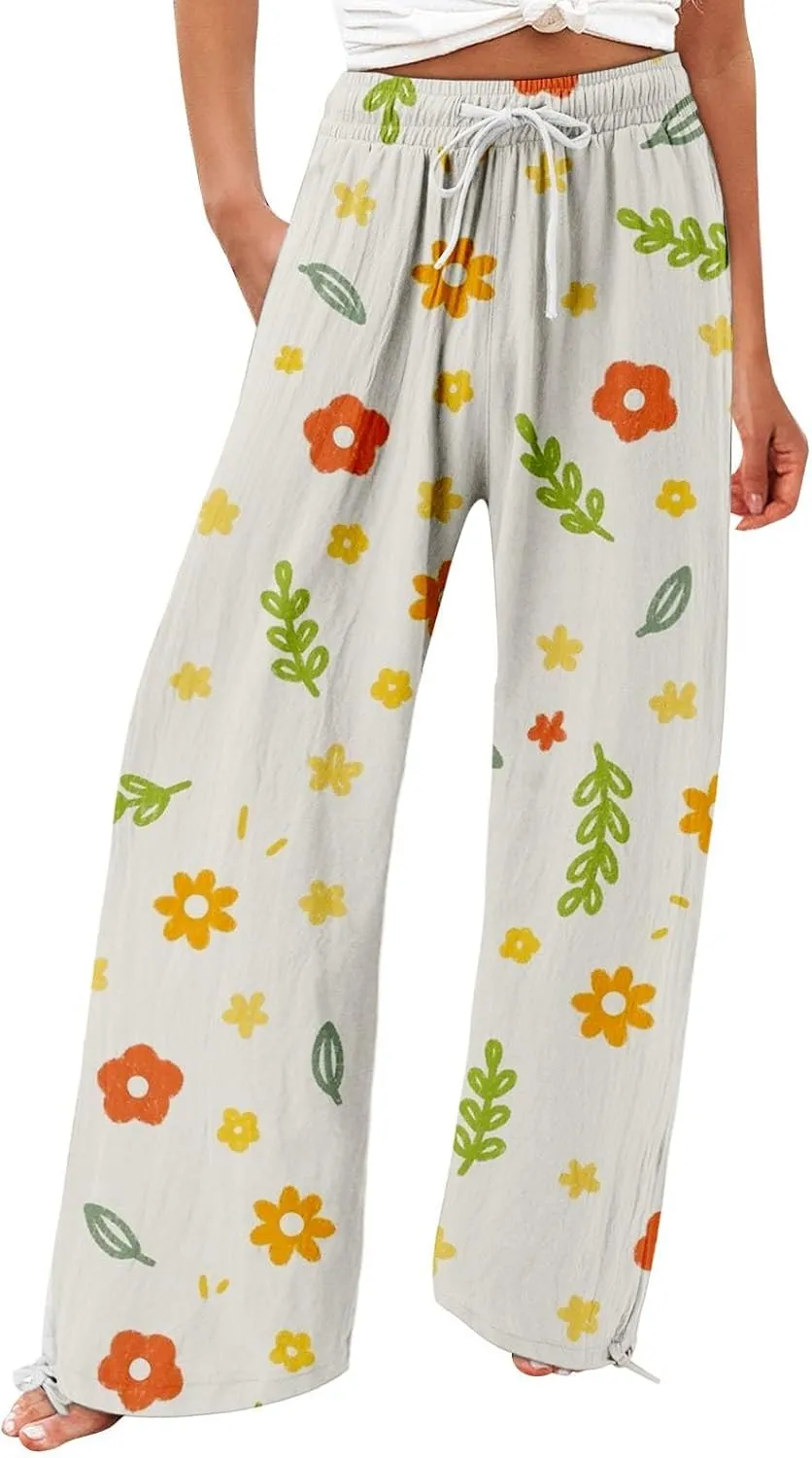 Women's Boho Wide Leg Palazzo Pants Womens Cotton Casual Loose Pants Comfy Work Pants with Long Casual Wide Leg