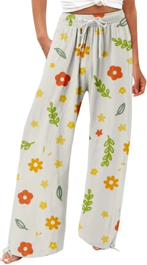 Women's Boho Wide Leg Palazzo Pants Womens Cotton Casual Loose Pants Comfy Work Pants with Long Casual Wide Leg