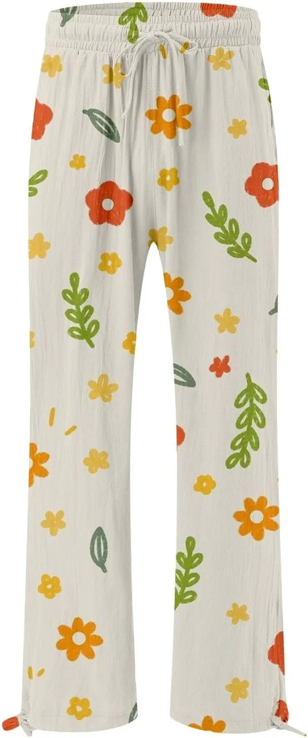 Women's Boho Wide Leg Palazzo Pants Womens Cotton Casual Loose Pants Comfy Work Pants with Long Casual Wide Leg