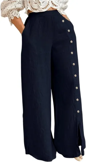 Women's Button Detail Wide Leg Long Palazzo Pants Business Work Office Pants Elastic High Waist Trousers with Pockets