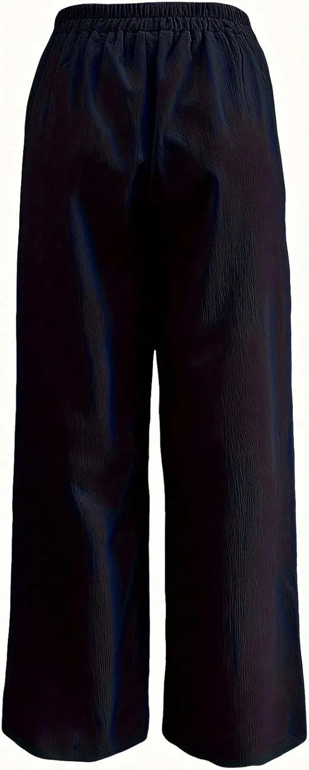 Women's Button Detail Wide Leg Long Palazzo Pants Business Work Office Pants Elastic High Waist Trousers with Pockets