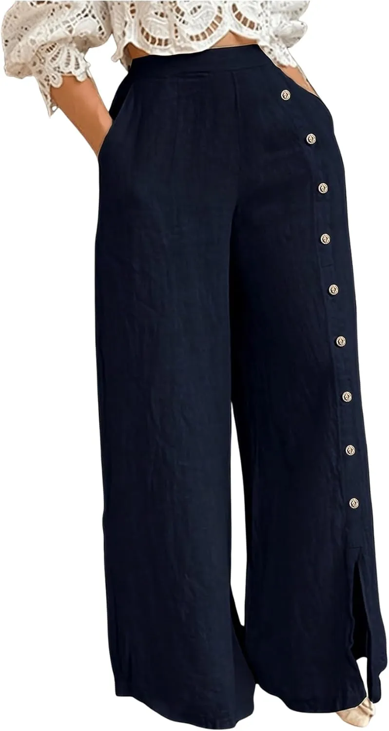 Women's Button Detail Wide Leg Long Palazzo Pants Business Work Office Pants Elastic High Waist Trousers with Pockets