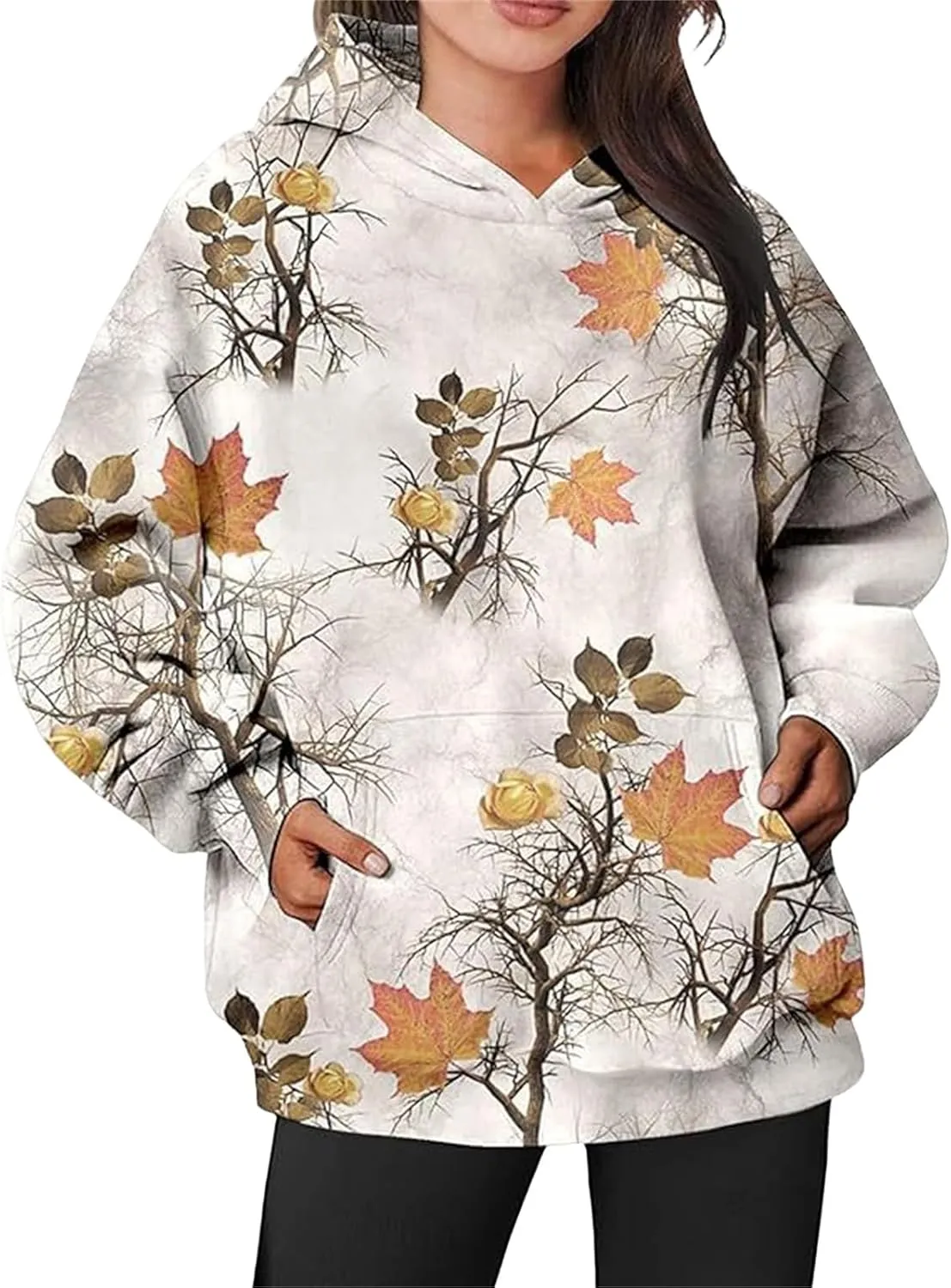 Womens Camo Hoodies Maple Leaf Print Oversized Hooded Sweatshirt Fleece Pullover Long Sleeve Sweatshirt with Pockets