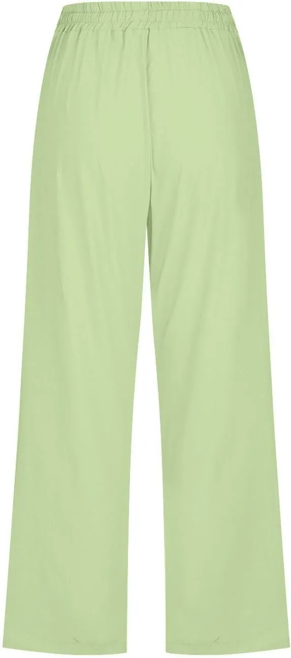 Womens Capris Linen Pants High Waist Drawstring Comfy Casual Pants Lounge Lightweight Loose Trousers with Pockets