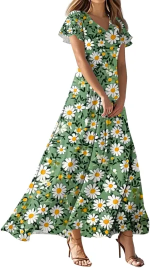 Women's Casual A-Line Dresses 2025 V Neck Short Sleeve Dress Empire Waist Boho Summer Sundress