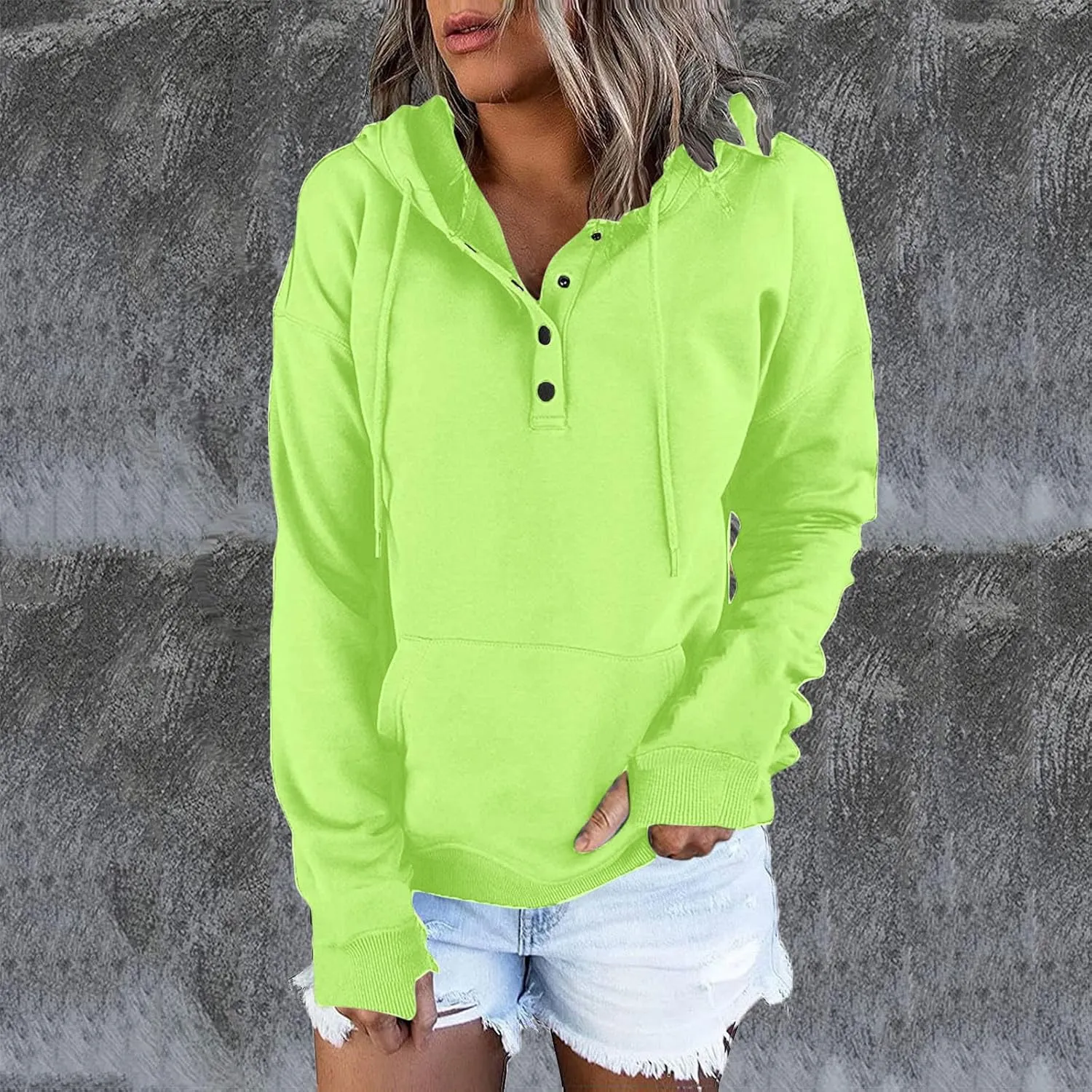 Womens Casual Button Down Hoodies Drawstring Long Sleeve Pullover Hooded Sweatshirt Fall Outfits Clothes Thumb Hole