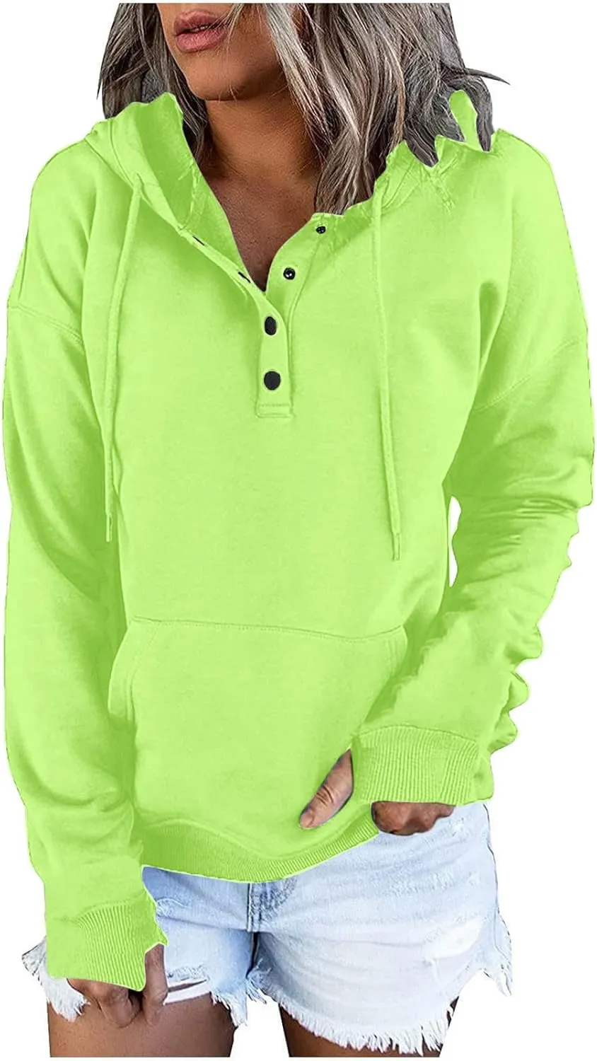 Womens Casual Button Down Hoodies Drawstring Long Sleeve Pullover Hooded Sweatshirt Fall Outfits Clothes Thumb Hole