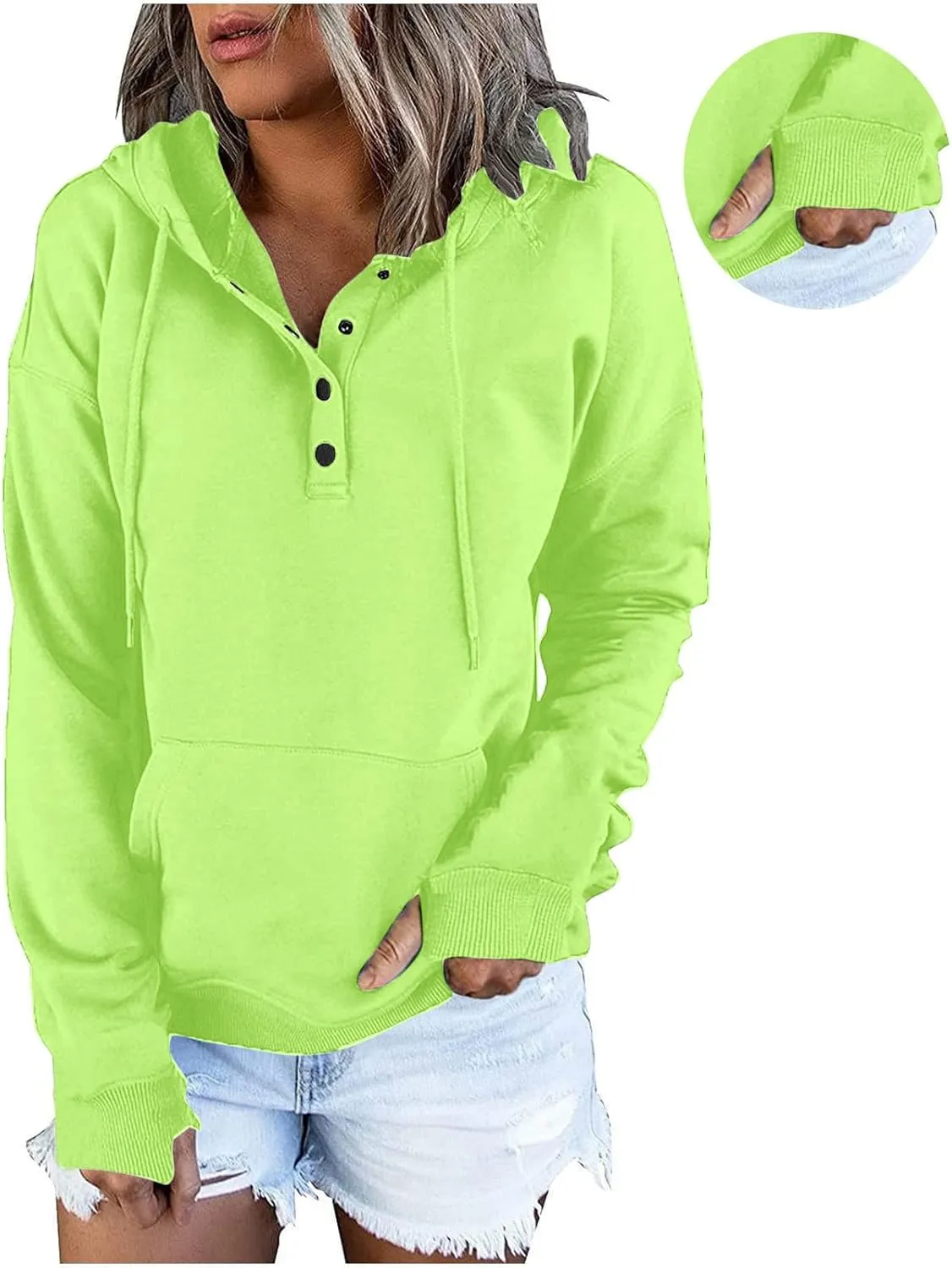 Womens Casual Button Down Hoodies Drawstring Long Sleeve Pullover Hooded Sweatshirt Fall Outfits Clothes Thumb Hole