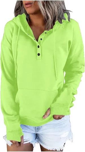 Womens Casual Button Down Hoodies Drawstring Long Sleeve Pullover Hooded Sweatshirt Fall Outfits Clothes Thumb Hole