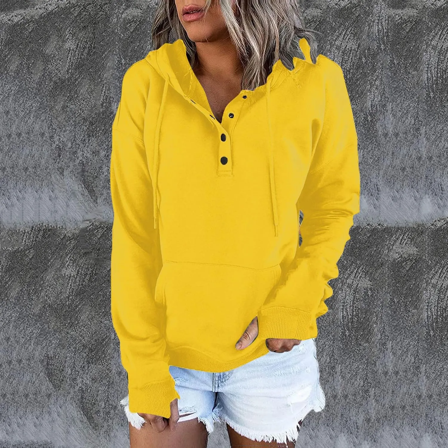 Womens Casual Button Down Hoodies Drawstring Long Sleeve Pullover Hooded Sweatshirt Fall Outfits Clothes Thumb Hole