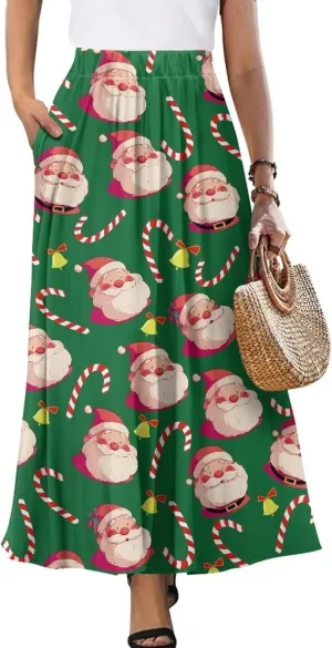 Women's Casual Flowy Maxi Skirt Long Skirts with Pockets Fashion Loose Flowy Swing Pleated Ankle Length Skirt