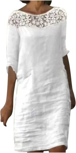 Women's Cotton Linen Dress Summer Shirt Dress Short Sleeve Midi Length Button Down Shirt Dresses Bussiness Work Dress
