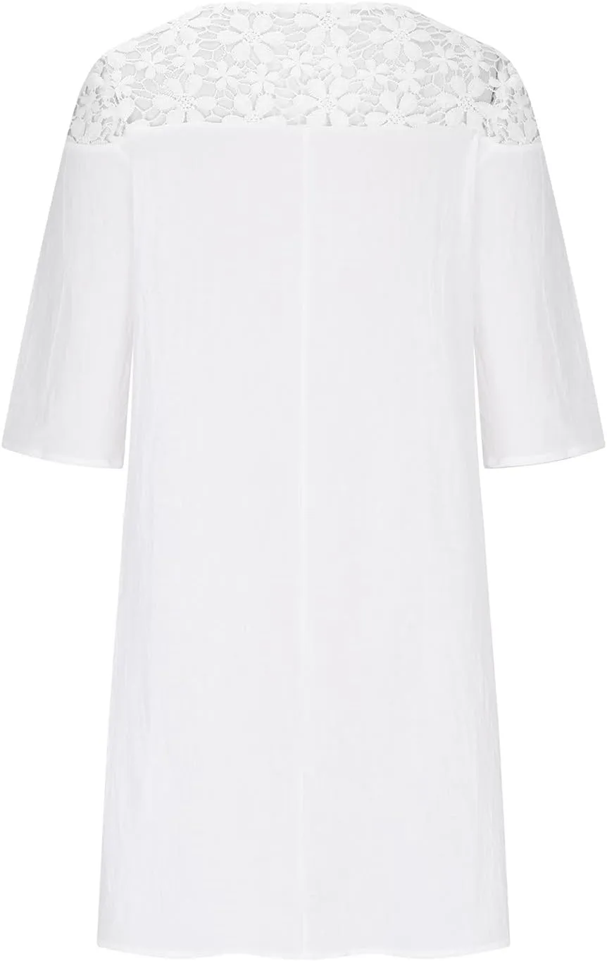 Women's Cotton Linen Dress Summer Shirt Dress Short Sleeve Midi Length Button Down Shirt Dresses Bussiness Work Dress