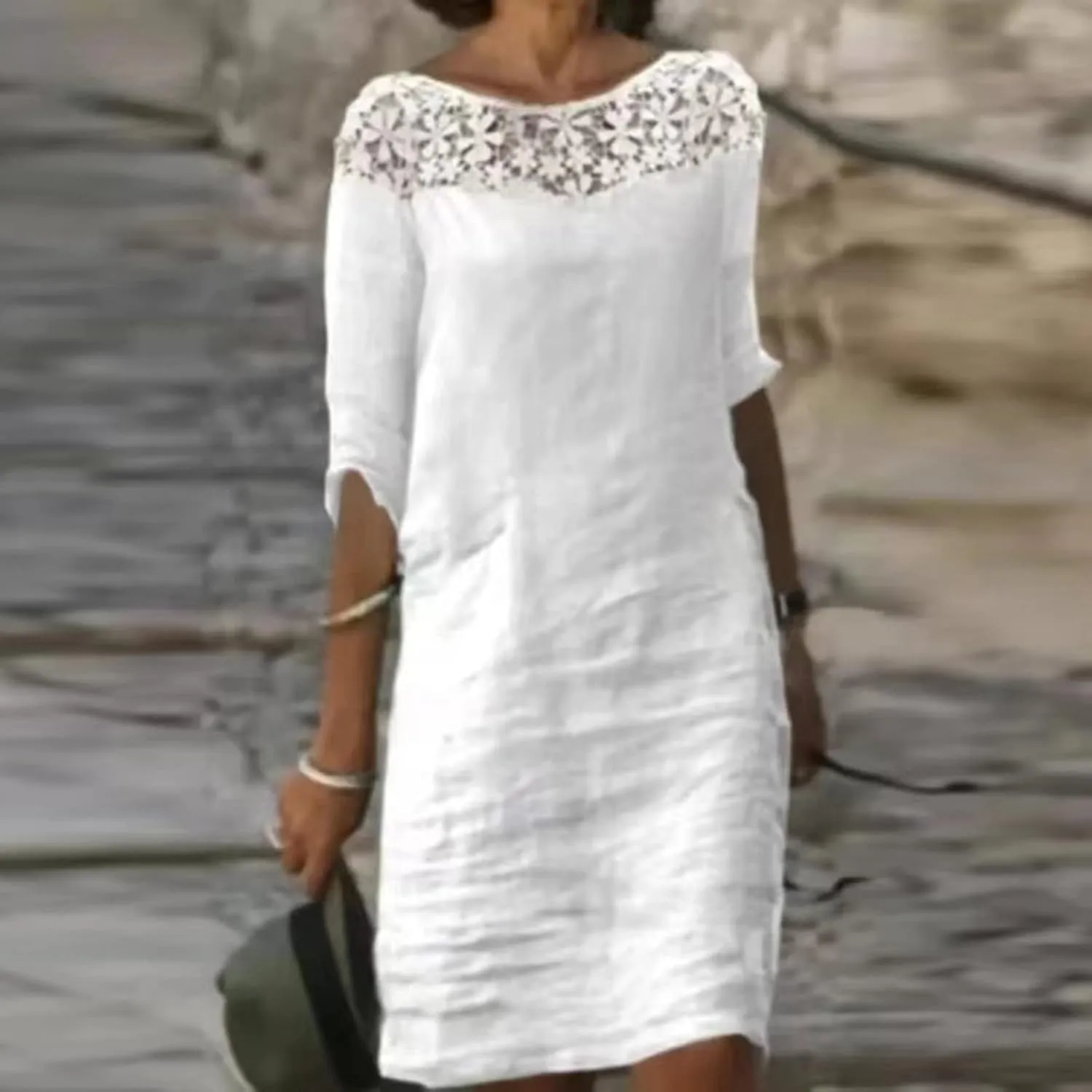 Women's Cotton Linen Dress Summer Shirt Dress Short Sleeve Midi Length Button Down Shirt Dresses Bussiness Work Dress