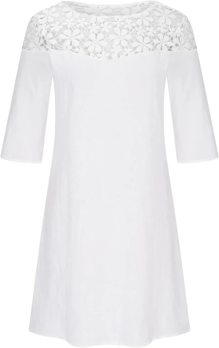 Women's Cotton Linen Dress Summer Shirt Dress Short Sleeve Midi Length Button Down Shirt Dresses Bussiness Work Dress