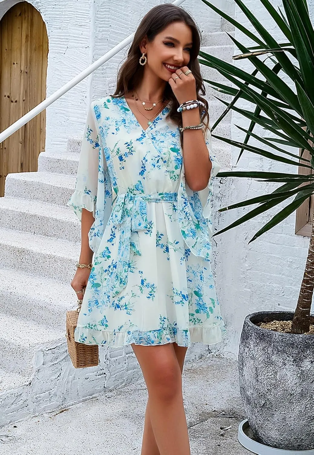 Women's Dress Floral Print Summer Short V-Neck Dresses Casual Short Sleeve High Waist Ruffle Hem Sundress with Belt