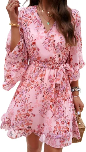 Women's Dress Floral Print Summer Short V-Neck Dresses Casual Short Sleeve High Waist Ruffle Hem Sundress with Belt