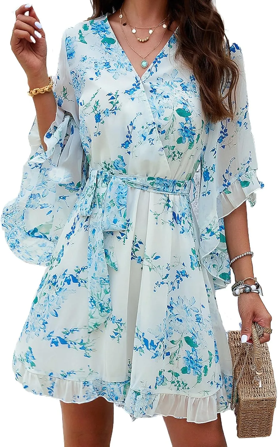 Women's Dress Floral Print Summer Short V-Neck Dresses Casual Short Sleeve High Waist Ruffle Hem Sundress with Belt