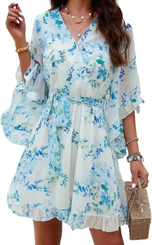 Women's Dress Floral Print Summer Short V-Neck Dresses Casual Short Sleeve High Waist Ruffle Hem Sundress with Belt