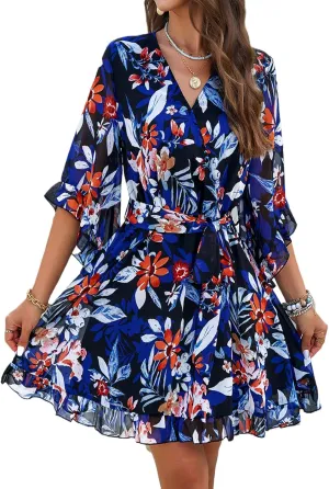 Women's Dress Floral Print Summer Short V-Neck Dresses Casual Short Sleeve High Waist Ruffle Hem Sundress with Belt