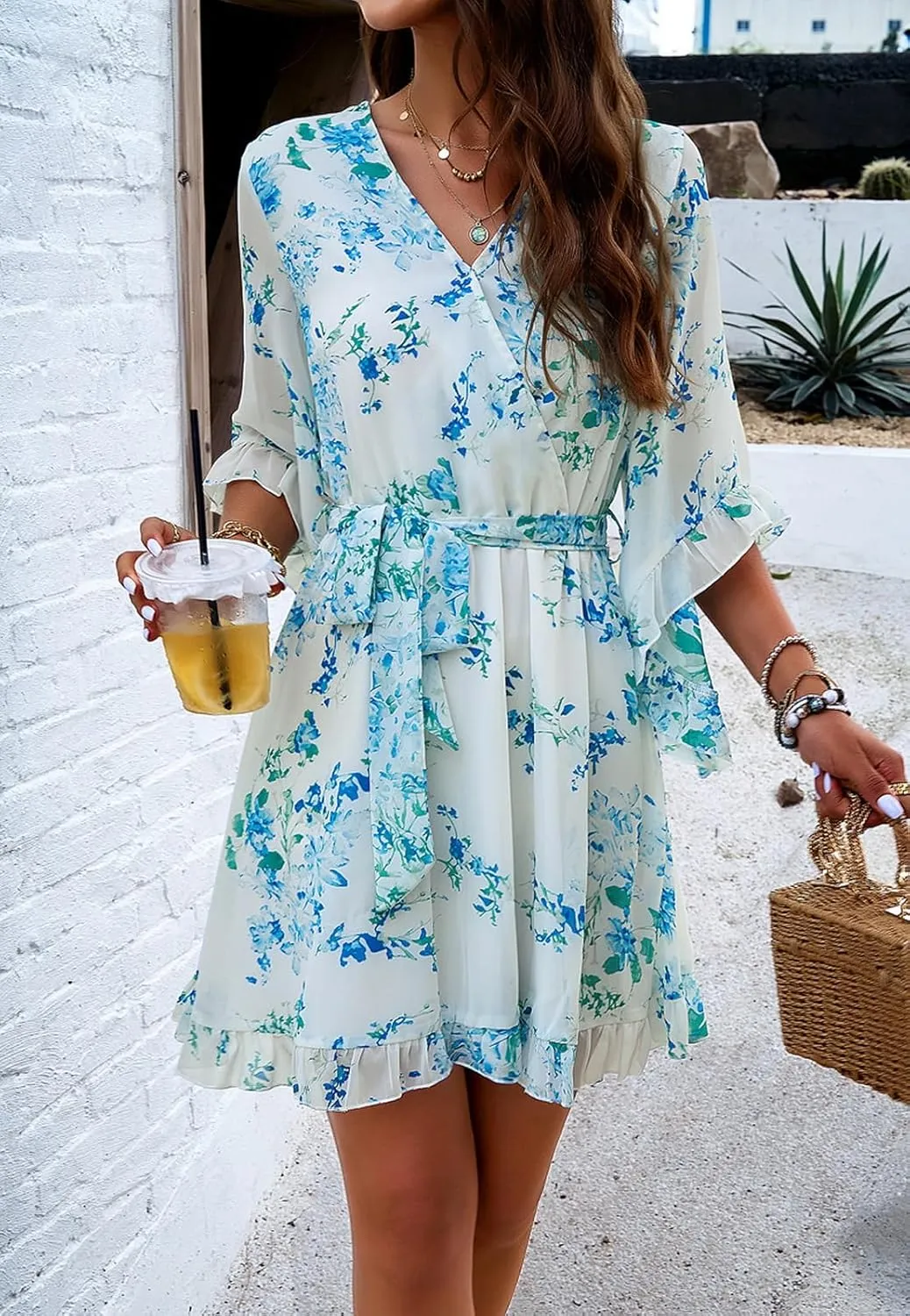 Women's Dress Floral Print Summer Short V-Neck Dresses Casual Short Sleeve High Waist Ruffle Hem Sundress with Belt