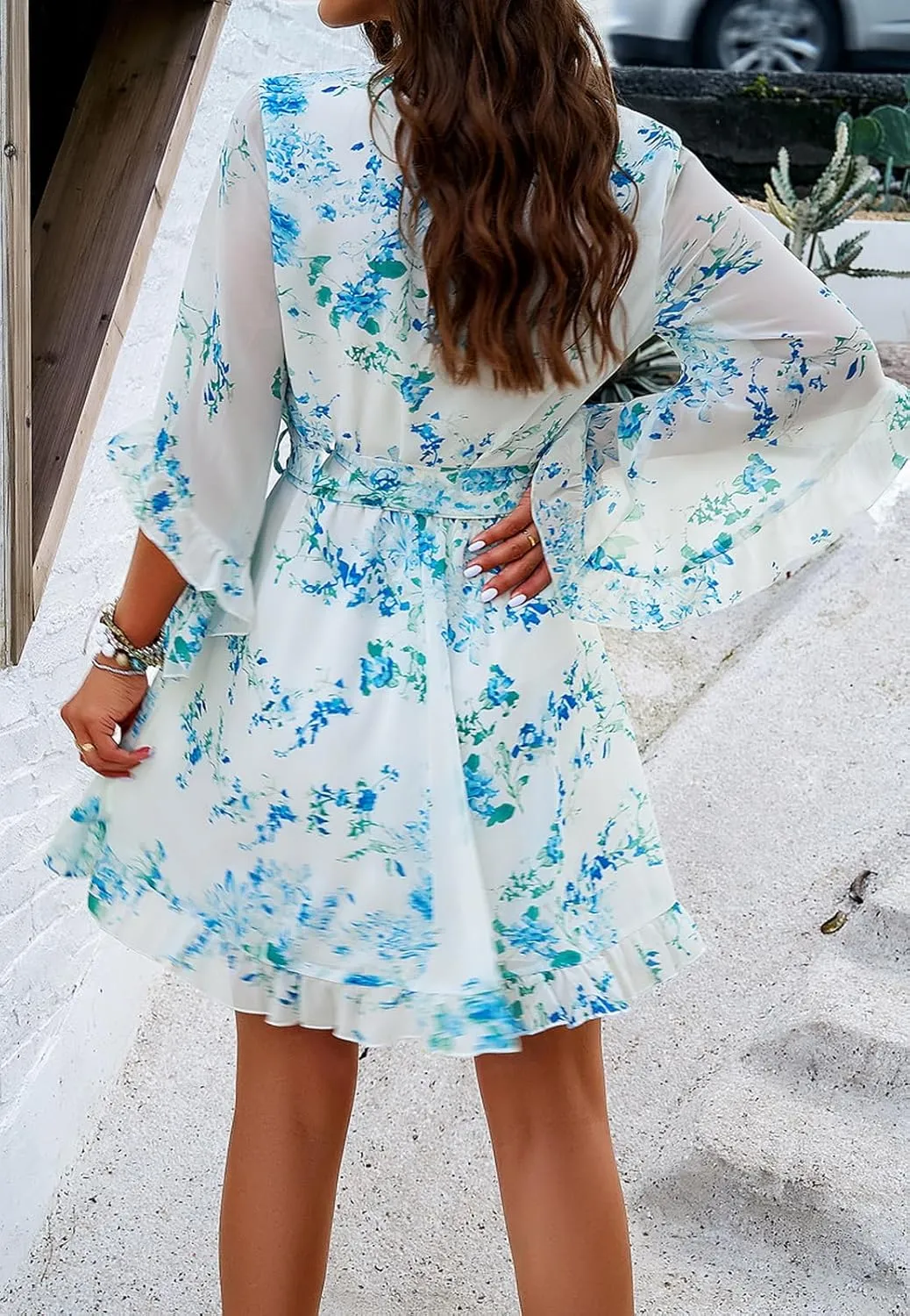 Women's Dress Floral Print Summer Short V-Neck Dresses Casual Short Sleeve High Waist Ruffle Hem Sundress with Belt