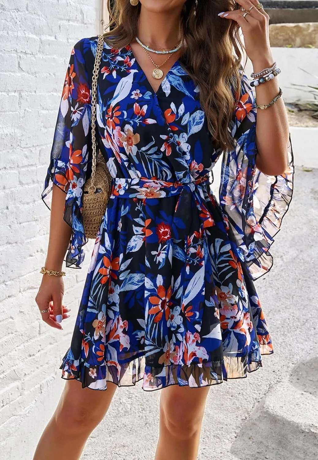 Women's Dress Floral Print Summer Short V-Neck Dresses Casual Short Sleeve High Waist Ruffle Hem Sundress with Belt