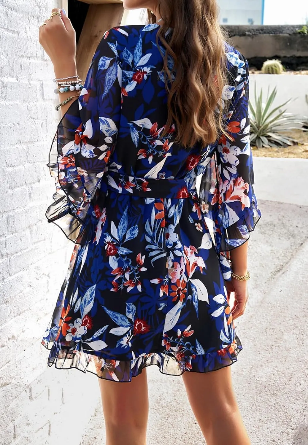 Women's Dress Floral Print Summer Short V-Neck Dresses Casual Short Sleeve High Waist Ruffle Hem Sundress with Belt