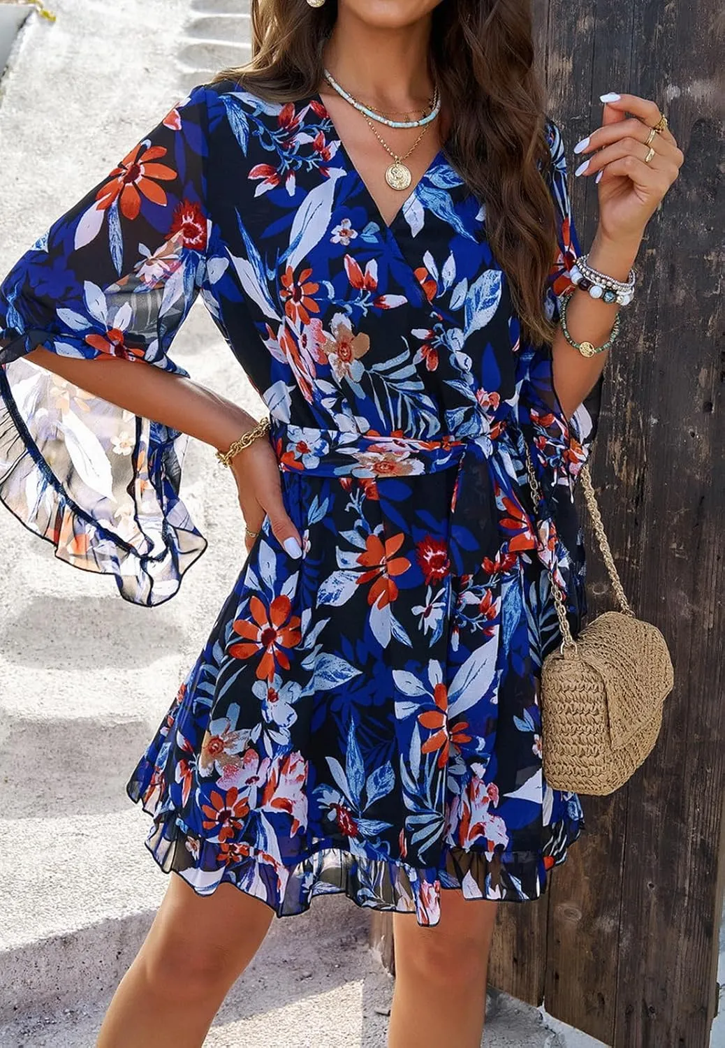 Women's Dress Floral Print Summer Short V-Neck Dresses Casual Short Sleeve High Waist Ruffle Hem Sundress with Belt