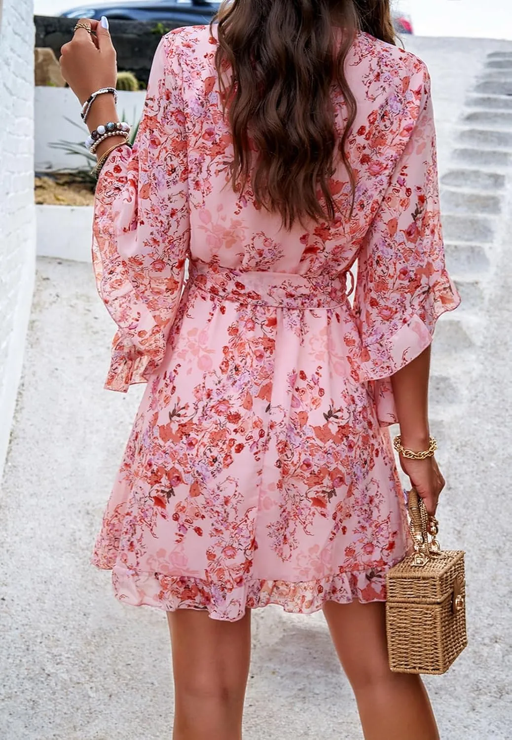 Women's Dress Floral Print Summer Short V-Neck Dresses Casual Short Sleeve High Waist Ruffle Hem Sundress with Belt