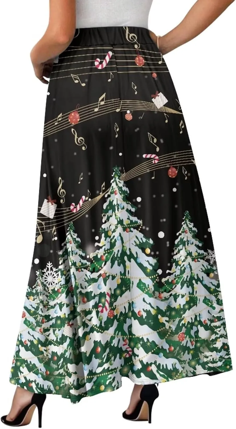 Women's Elastic High Waist Pleated Skirt Casual Long Skirts with Pockets Ankle Length Flowy Swing Party Skirt