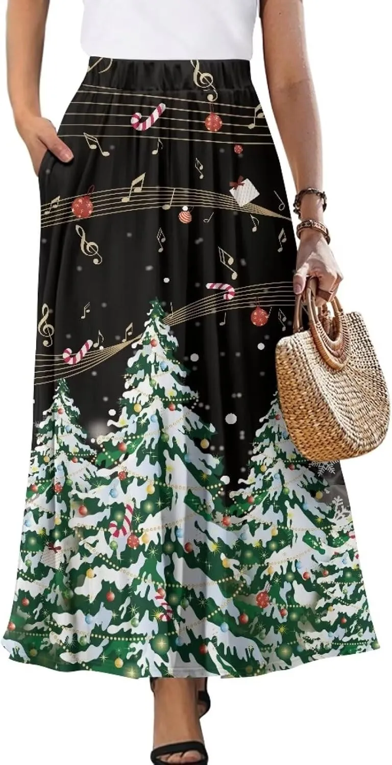Women's Elastic High Waist Pleated Skirt Casual Long Skirts with Pockets Ankle Length Flowy Swing Party Skirt