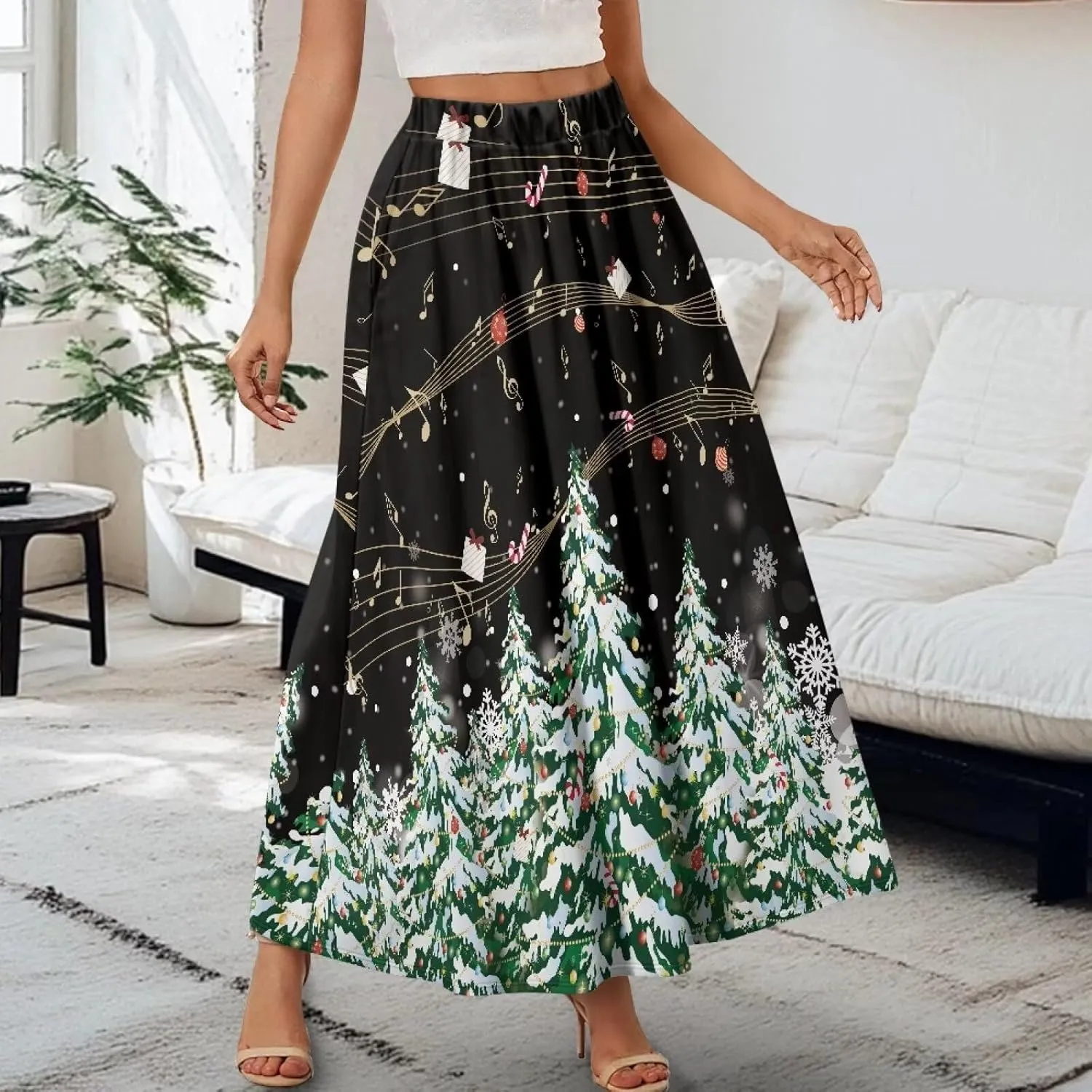 Women's Elastic High Waist Pleated Skirt Casual Long Skirts with Pockets Ankle Length Flowy Swing Party Skirt