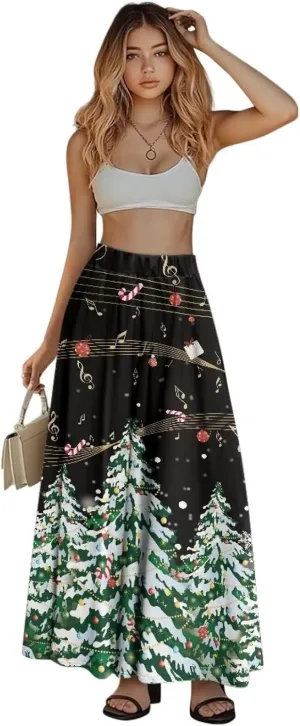 Women's Elastic High Waist Pleated Skirt Casual Long Skirts with Pockets Ankle Length Flowy Swing Party Skirt
