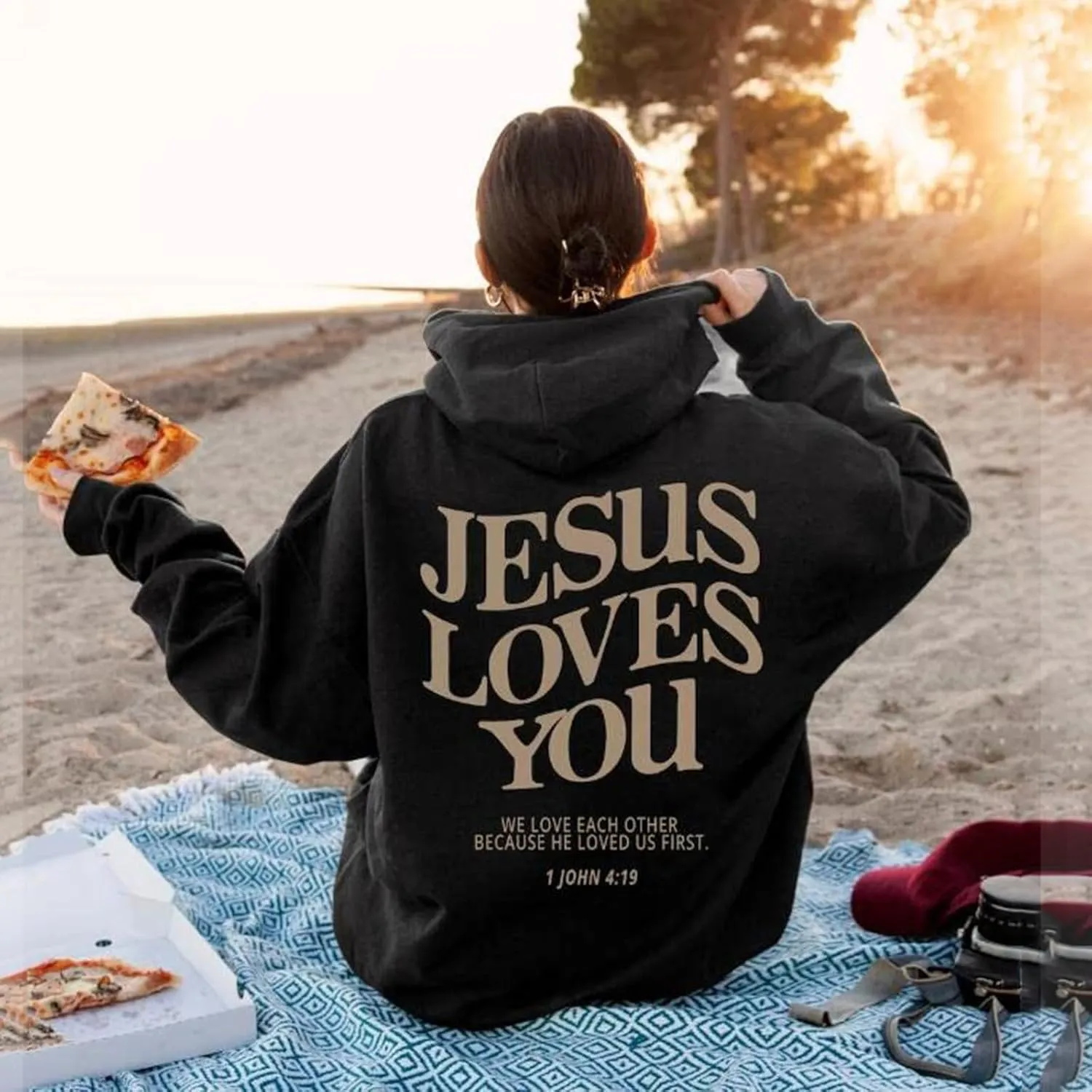 Womens Hoodies Pullover Jesus Loves You Letter Print Pullover Hoodie With Pocket Drop Shoulder Oversize Fall Winter Trendy