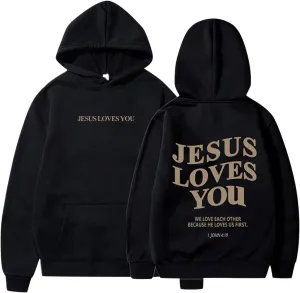 Womens Hoodies Pullover Jesus Loves You Letter Print Pullover Hoodie With Pocket Drop Shoulder Oversize Fall Winter Trendy
