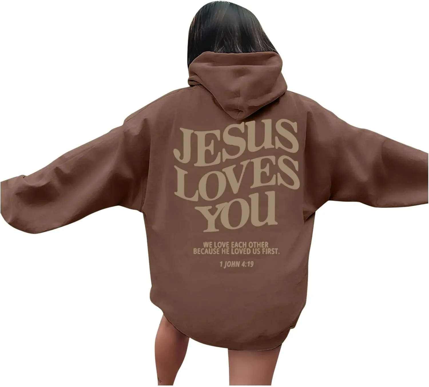 Womens Hoodies Pullover Jesus Loves You Letter Print Pullover Hoodie With Pocket Drop Shoulder Oversize Fall Winter Trendy