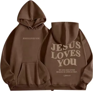 Womens Hoodies Pullover Jesus Loves You Letter Print Pullover Hoodie With Pocket Drop Shoulder Oversize Fall Winter Trendy