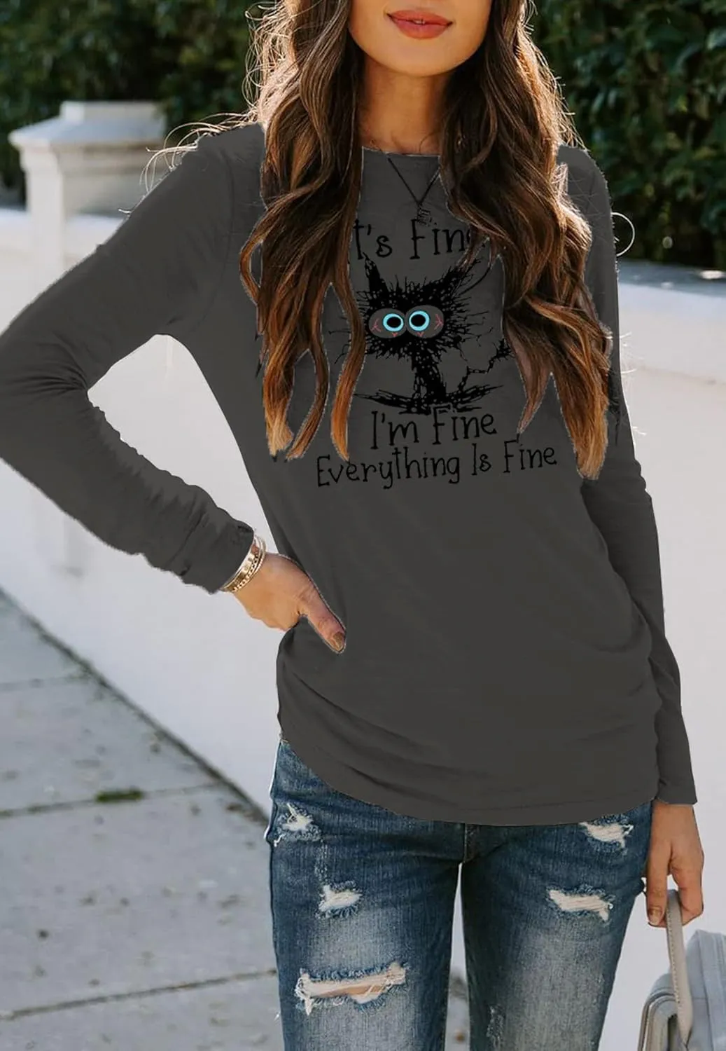 Women's I'm Fine Everything is Fine T-Shirts Long Sleeve Sayings Loose Fit Casual Cute Cat Graphic Crew Neck Tee Blouse Tops