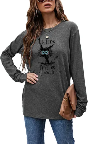 Women's I'm Fine Everything is Fine T-Shirts Long Sleeve Sayings Loose Fit Casual Cute Cat Graphic Crew Neck Tee Blouse Tops
