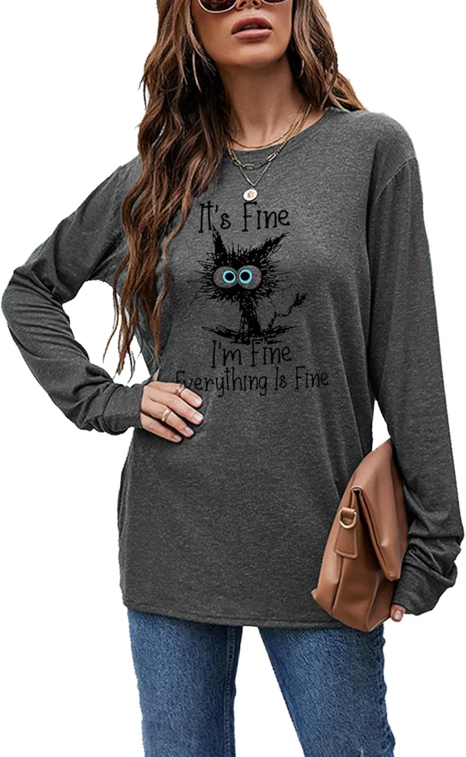 Women's I'm Fine Everything is Fine T-Shirts Long Sleeve Sayings Loose Fit Casual Cute Cat Graphic Crew Neck Tee Blouse Tops
