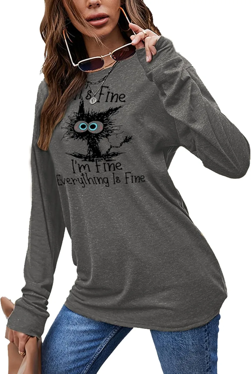 Women's I'm Fine Everything is Fine T-Shirts Long Sleeve Sayings Loose Fit Casual Cute Cat Graphic Crew Neck Tee Blouse Tops