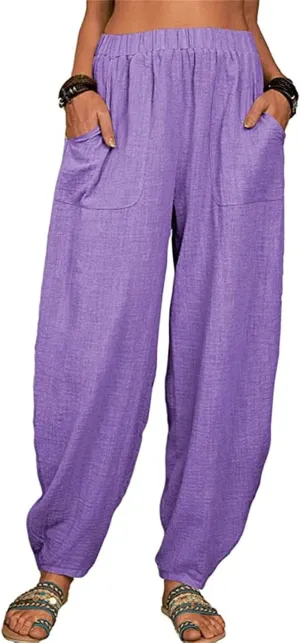 Women's Linen Blend Summer Flowy Palazzo Pants Elastic Waist Bootcut Plus Size Pant Trousers Travel
