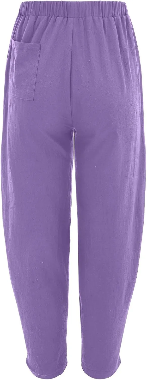 Women's Linen Blend Summer Flowy Palazzo Pants Elastic Waist Bootcut Plus Size Pant Trousers Travel