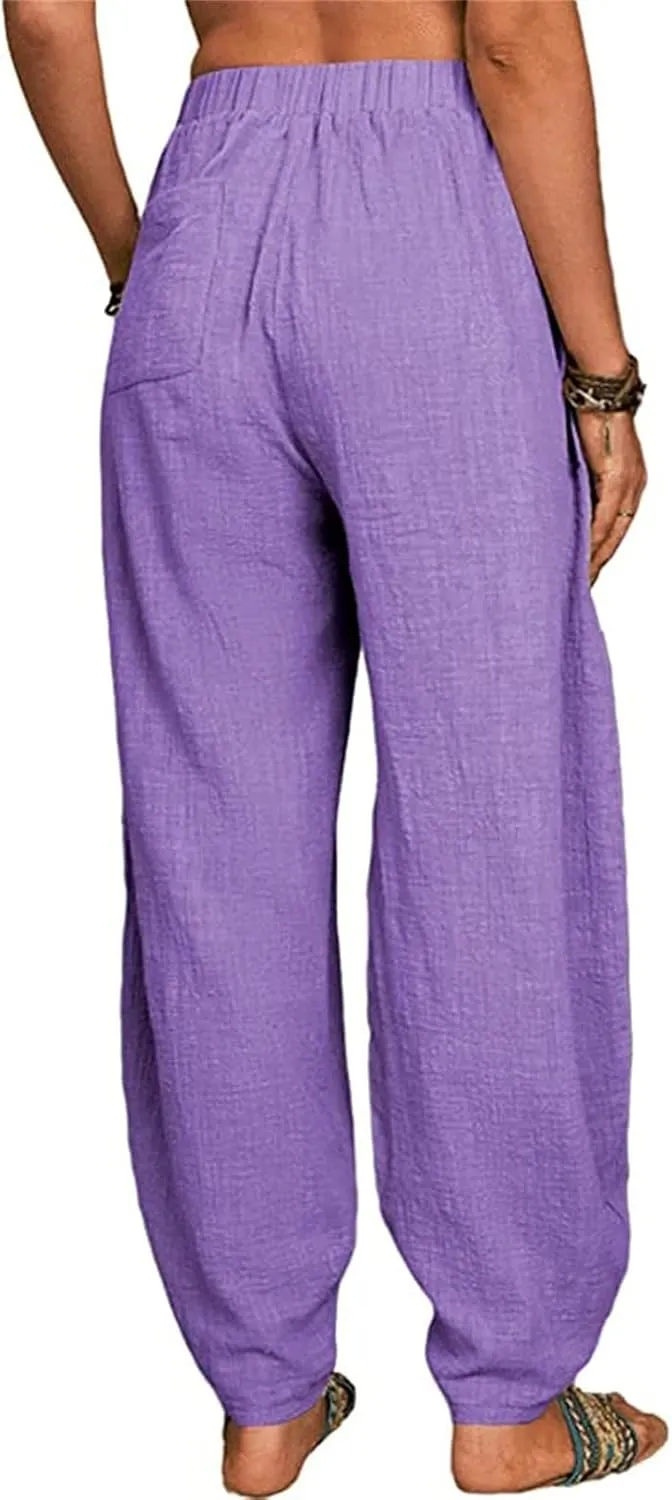 Women's Linen Blend Summer Flowy Palazzo Pants Elastic Waist Bootcut Plus Size Pant Trousers Travel