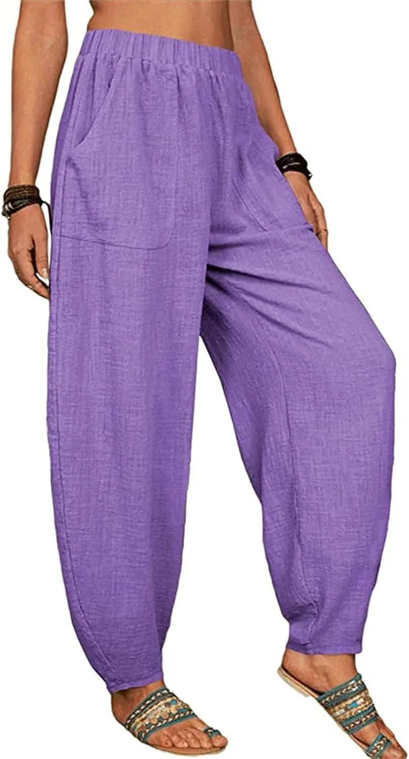 Women's Linen Blend Summer Flowy Palazzo Pants Elastic Waist Bootcut Plus Size Pant Trousers Travel