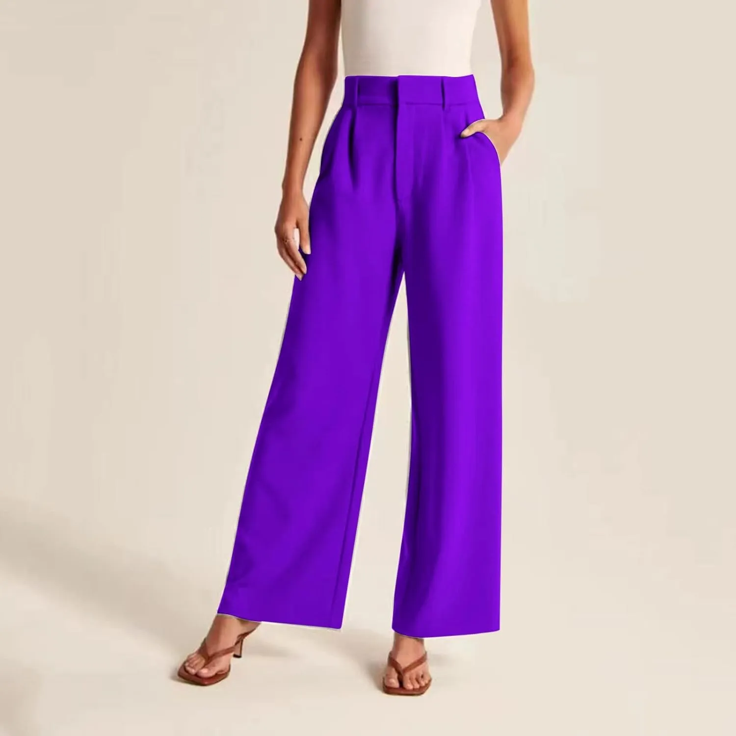 Womens Linen Blend Summer Loose Pants Elastic Waist Long Lounge Slim-Fit Palazzo Lounge Pants Beach