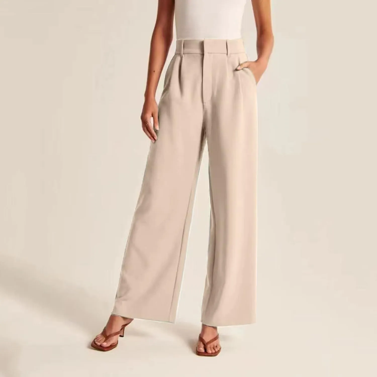 Womens Linen Blend Summer Loose Pants Elastic Waist Long Lounge Slim-Fit Palazzo Lounge Pants Beach