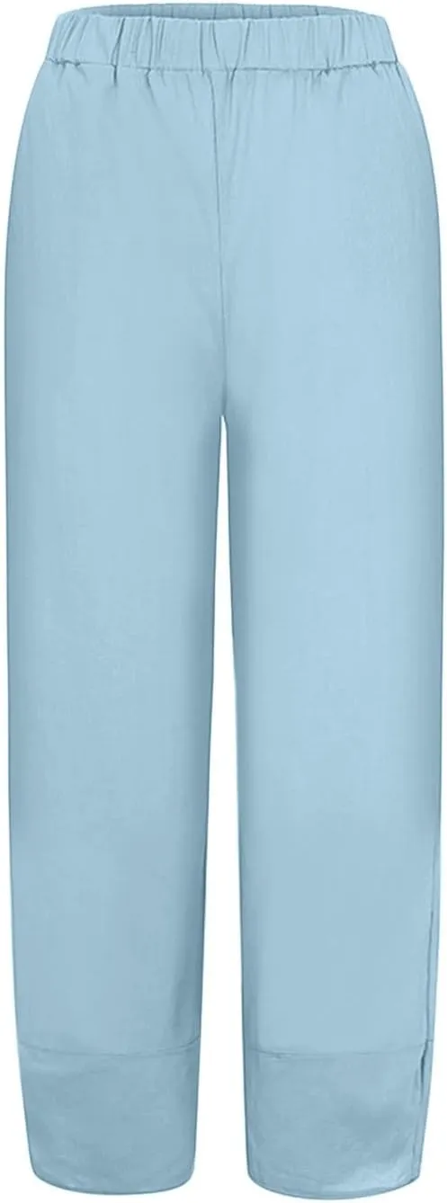 Women's Linen Summer Pull On Pants High Waist Ankle Length Loose Fit Palazzo Lounge Pants Beach